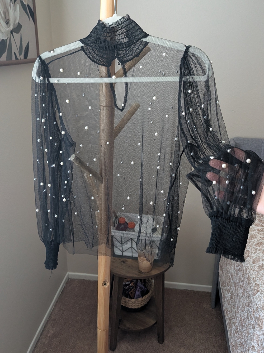 Sheer Black Pearl-Embellished Mock Neck Blouse